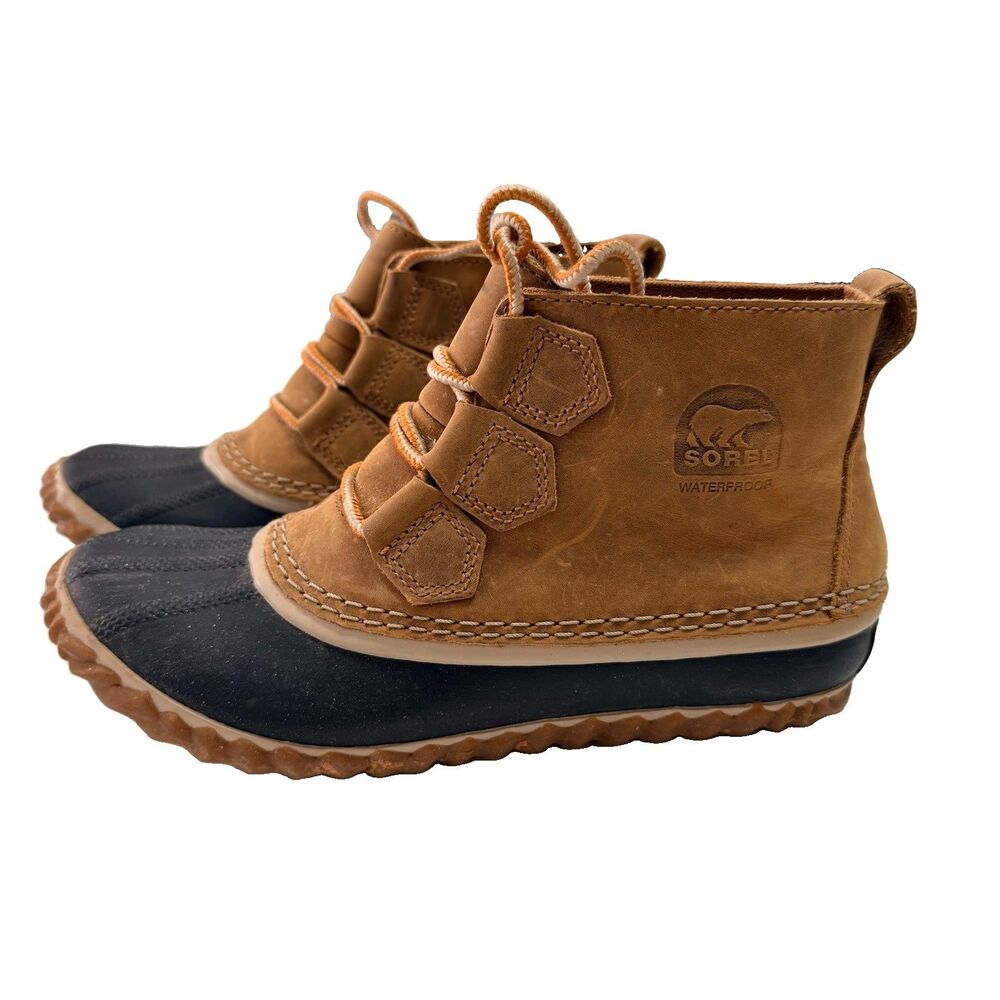 Women’s Size 6 SOREL Out 'N About Brown Leather Ankle Duck Boots NL2133-286